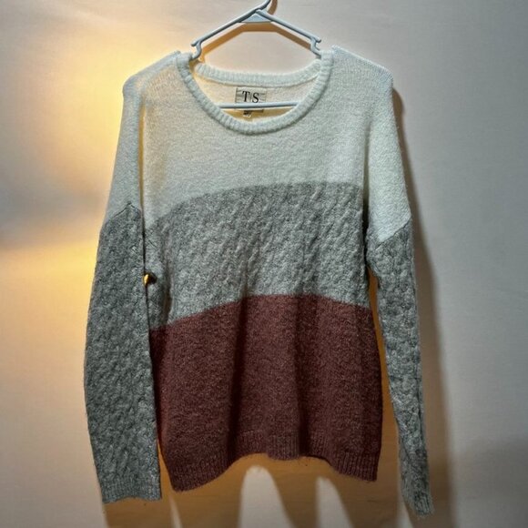 Twine & String Colorblock Cable Knit Cozy Pullover Sweater Cream Gray Pink XL - Picture 7 of 11